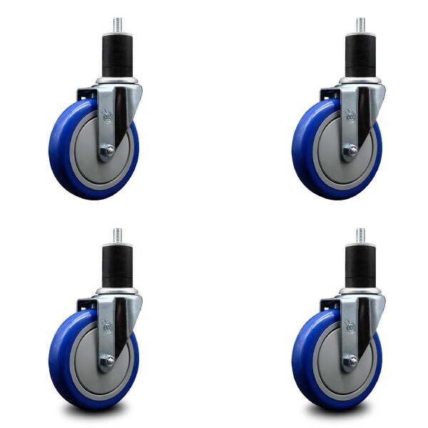 5'' Blue Poly Wheel Swivel 1-3/4'' Expanding Stem Caster Set, 4PK